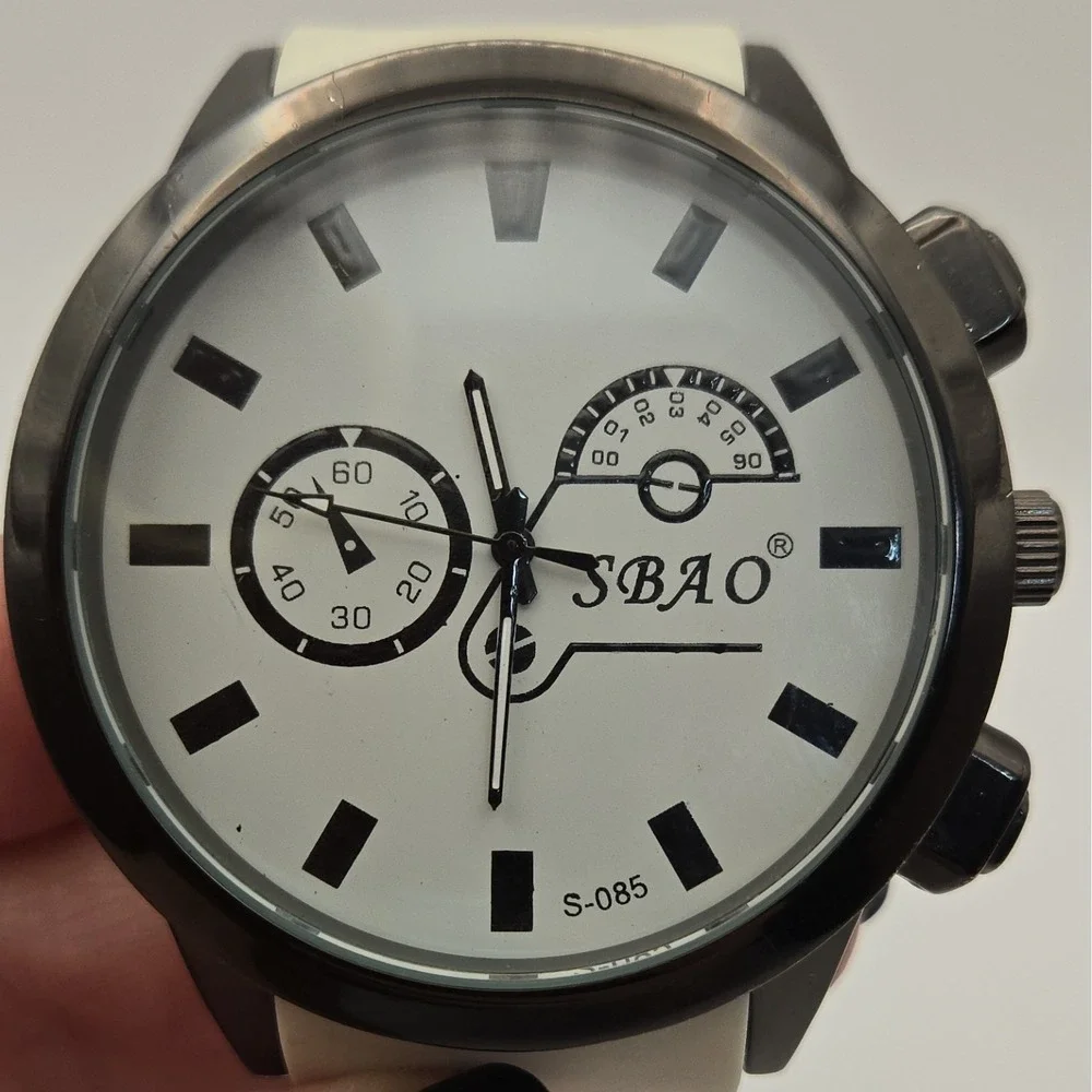 SBAO S-085 Analog Quartz 52mm Watch W/White Dial, White Rubber Strap, Black Case